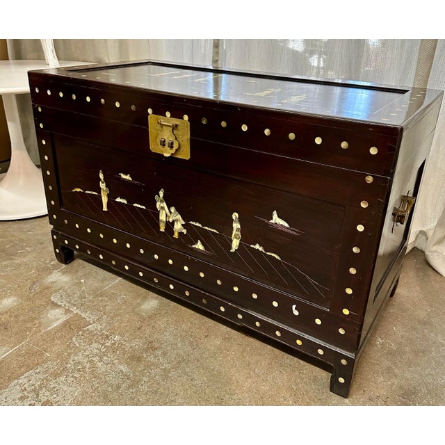 Vintage Asian motif rosewood inlaid, handmade exquisite design floor trunk, with brass hardware.