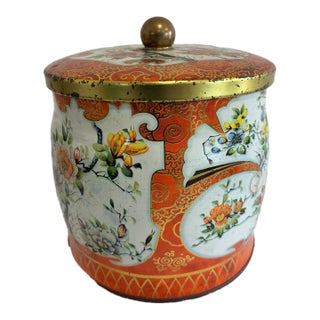 Vintage Daher Chinoiserie Floral Tin With Brass Knob Lid, England For Sale