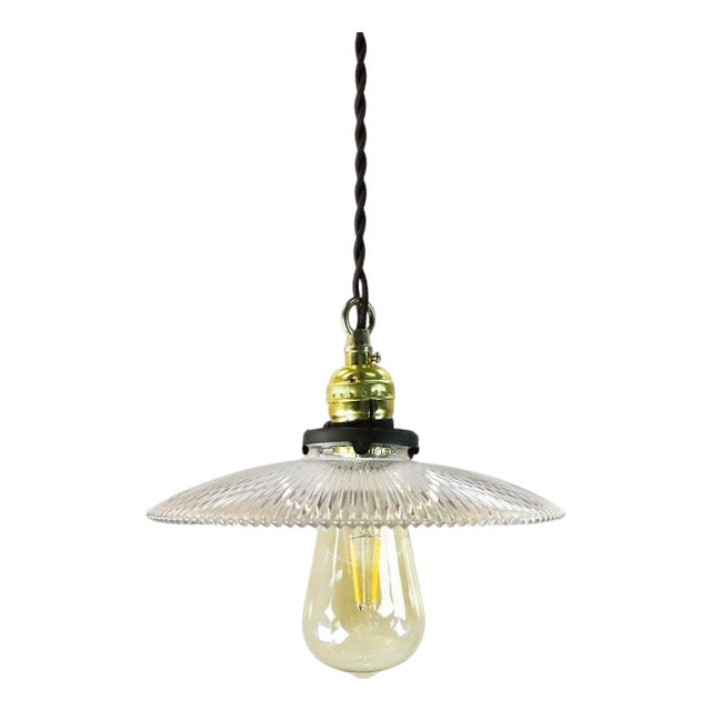 1940s Holophane Clear Glass Vintage Industrial Pendant Light For Sale