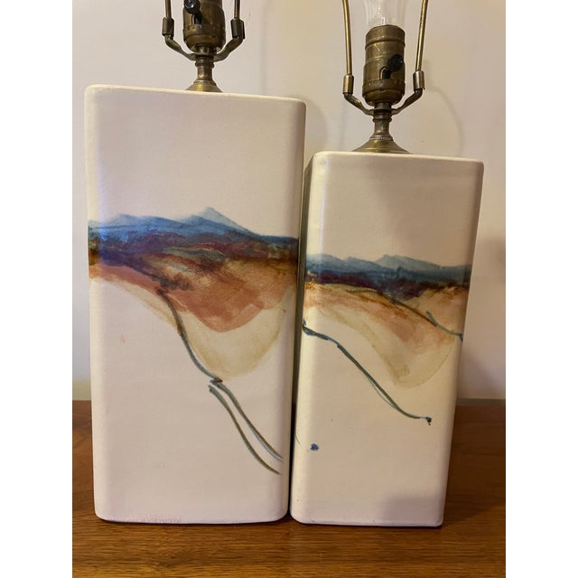 Off-white Set of 2 Mid-Century Hand-Painted Ceramic Lamps For Sale - Image 8 of 8