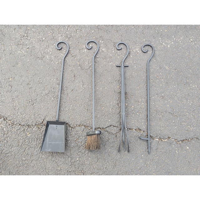 Vintage 4-Piece Wrought Iron Fireplace Tool Set Stand For Sale - Image 4 of 7