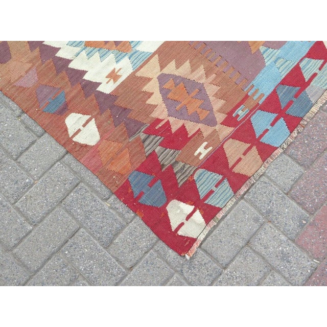 Raspberry Red 1960's Vintage Handmade Kilim Rug - 54" X 119" For Sale - Image 8 of 10