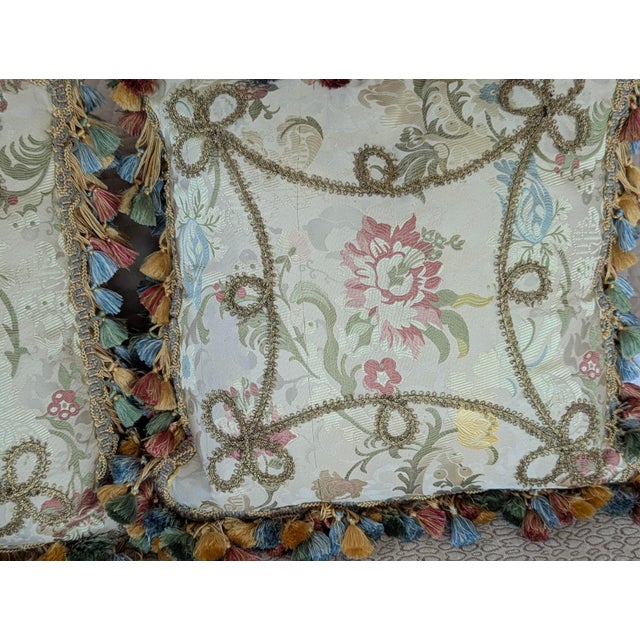 2020s Custom Scalamandre Silk Floral Throw Pillows With Cord Work and Tassel Fringe For Sale - Image 5 of 13