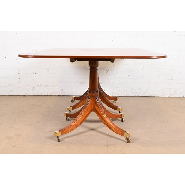Baker Furniture Style Georgian Banded Mahogany Triple Pedestal Extension Dining Table, Newly Refinished For Sale - Image 11 of 12
