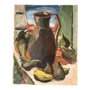 1950’s Original Modernist Still Life Painting With “Pot & Pears” Double Sided Exhibition Label Indiana Museum Signed
