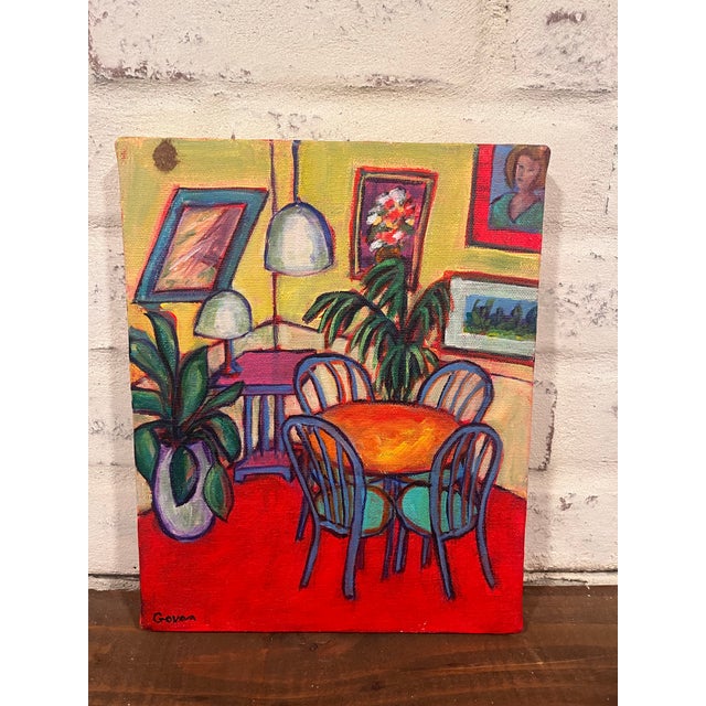 A vibrant, highly decorative original painting depicting a colorful interior dining area with a round table, striped...