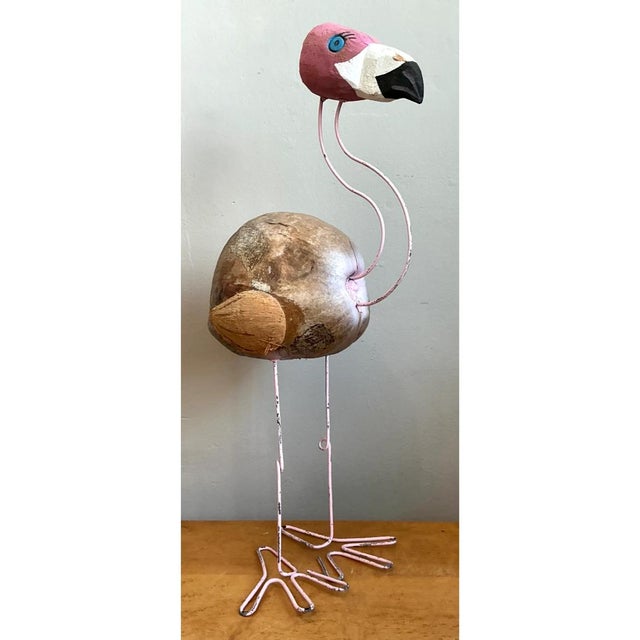Vintage Coconut and Metal Flamingo Sculpture For Sale - Image 12 of 12