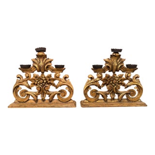 Pair of Antique Italian Baroque Style Giltwood 3-Light Candelabras For Sale
