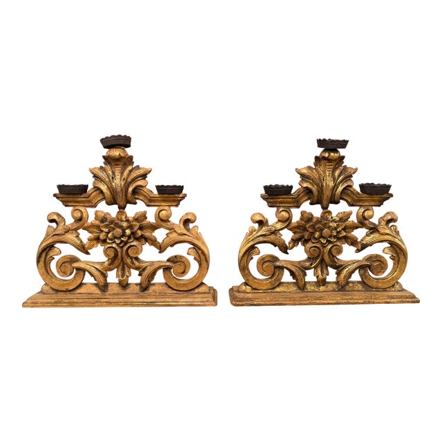Pair of Antique Italian Baroque Style Giltwood 3-Light Candelabras For Sale