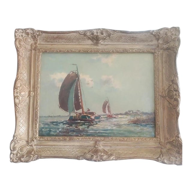 European School, 19th Century, Fishing Boats Near Shore, Oil on Canvas, Framed: For Sale