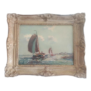 European School, 19th Century, Fishing Boats Near Shore, Oil on Canvas, Framed: