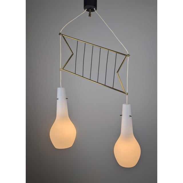 Italian Pendant Lamp with Opaline Lampshades and Brass in the style of Stilnovo, 1950s For Sale - Image 12 of 12
