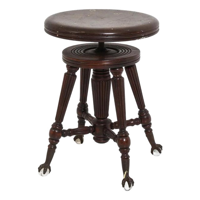 Antique Piano Stool W Brass & Glass Ball & Claw Feet For Sale