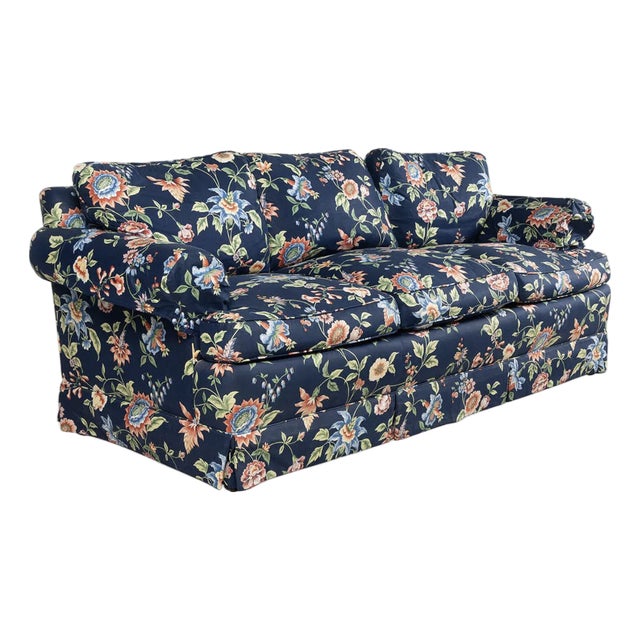 Scalamandre Navy Blue Chintz Upholstered Down Filled Roll Arm Sofa For Sale