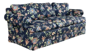 Scalamandre Navy Blue Chintz Upholstered Down Filled Roll Arm Sofa