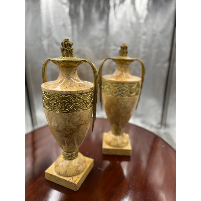 C1920 Pair of French Marble & Bronze Urns. Excellent condition. Beautiful pair purchased in France. Age appropriate wear,...