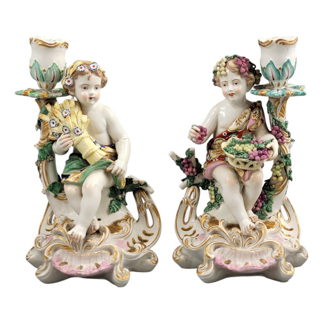 Allegorical Summer and Autumn Candlesticks from Chelsea, 1770s, Set of 2 For Sale
