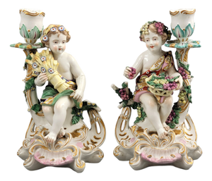 Allegorical Summer and Autumn Candlesticks from Chelsea, 1770s, Set of 2