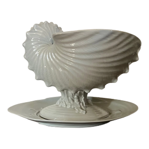 Wedgwood Gray Drabware Pottery Centerpiece - Nautilus Sea Shell Compote Tureen With Clam Shell Under Tray