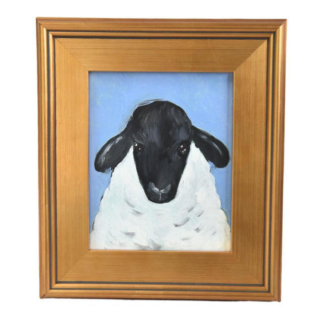 2020s Folk Art Farmhouse Woolly Sheep Lamb Oil Painting Including the Antiqued Gold Wood Frame For Sale - Image 5 of 5
