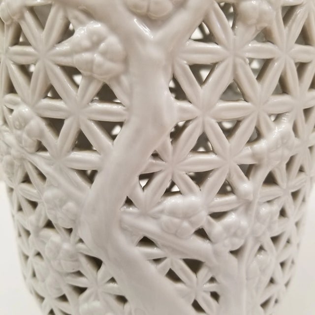 Vintage Blanc De Chine Reticulated Chinoiserie Vase With Cherry Blossom Motif For Sale - Image 4 of 7