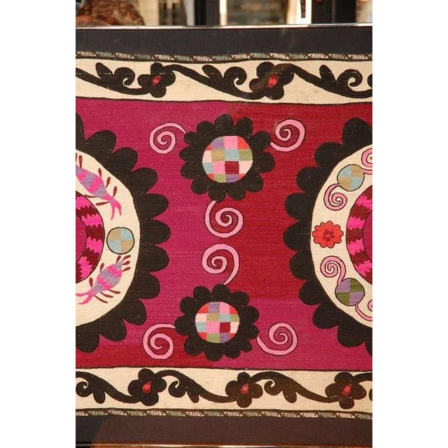 Tribal Antique Embroidered Uzbek Suzani in Lucite Frame For Sale - Image 3 of 8