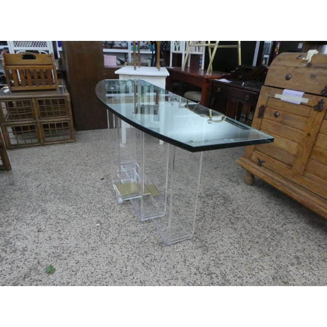 1970s Vintage Architectural Lucite and Brass Graduated Console Table For Sale - Image 4 of 11