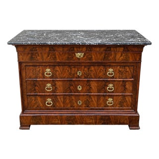 Louis Philippe Commode in Walnut and Burr Walnut with Black Marble Top, 1890s For Sale