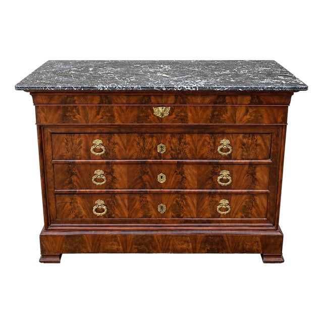 Louis Philippe Commode in Walnut and Burr Walnut with Black Marble Top, 1890s For Sale