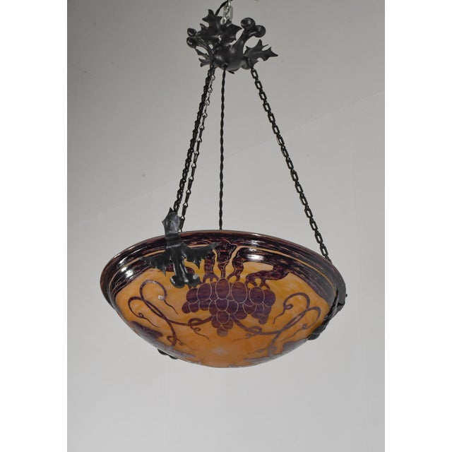 Metal French Art Deco Pendant Light by Le Verre Francais Schneider - 1925 Cameo Chandelier France For Sale - Image 7 of 12