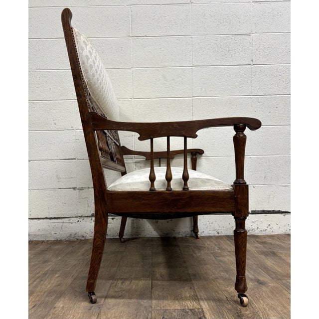 Antique Carved Spindle Back Carved Upholstered Settee For Sale - Image 9 of 10