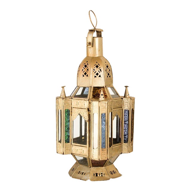 Moroccan Candle Lantern in Moorish Gilt Metal and Glass For Sale