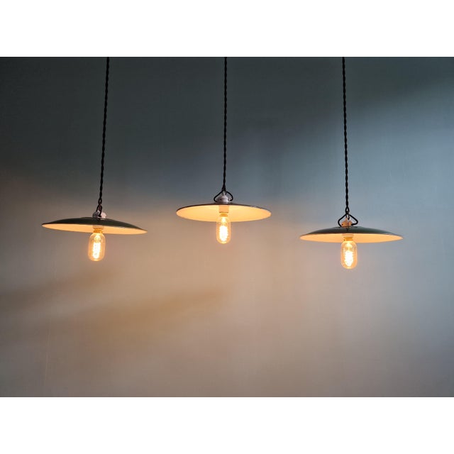 Vintage Industrial Pendant Lights in Green Enameled Sheet Metal and Porcelain, 1940s, Set of 3 For Sale - Image 14 of 18