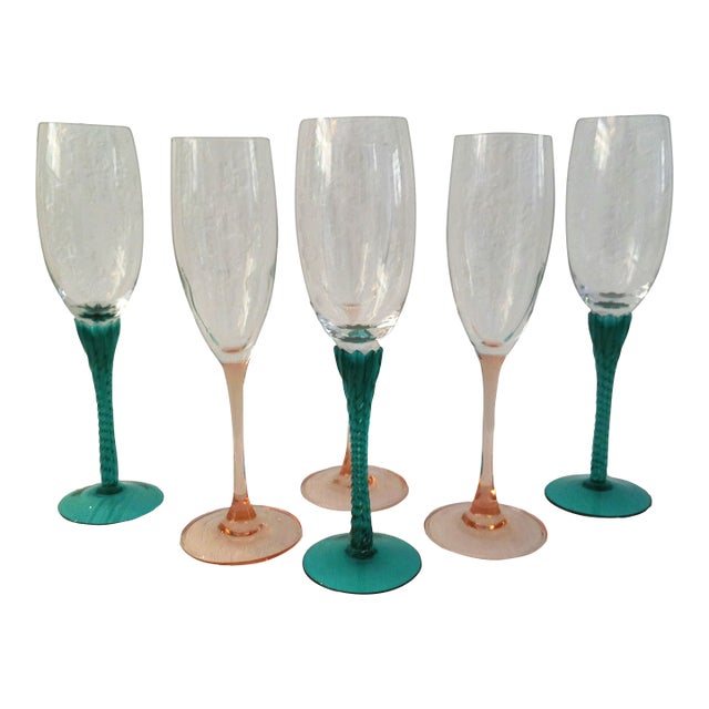 Vintage Aqua & Pink Crystal Champagne Flutes, Set of 6 For Sale