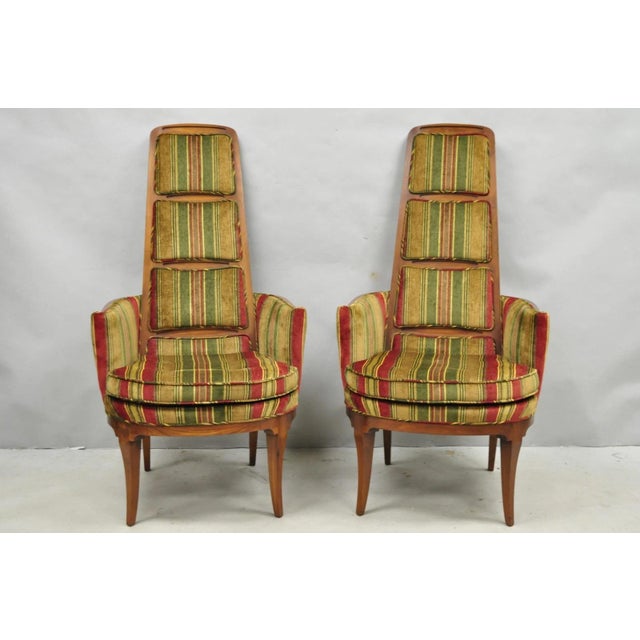Vintage Mid Century Modern Walnut Frame Upholstered Panel Back Sculptural Lounge Arm Chairs - a Pair. Circa Mid 20th...