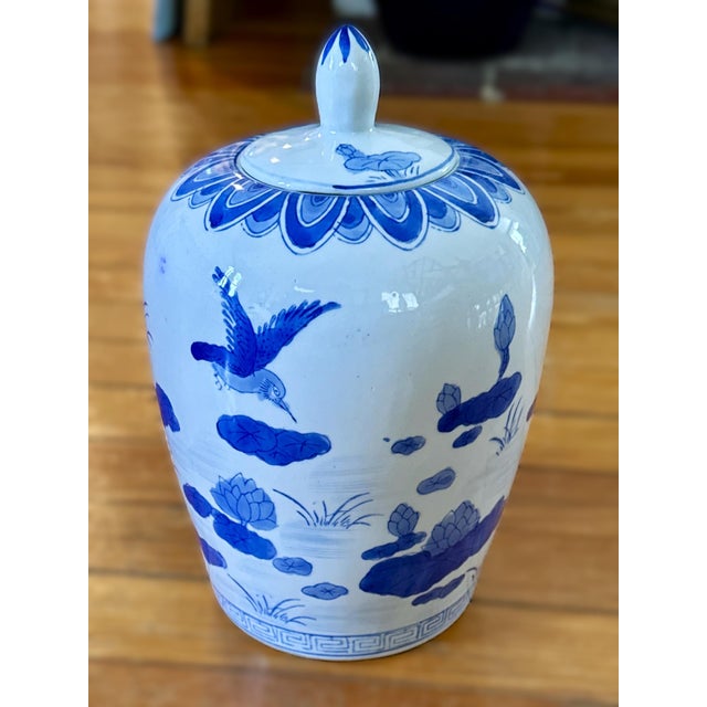 Blue and White Vintage Porcelain Temple Jar Traditional Chinese Hand-painted porcelain lidded jar, featuring hummingbirds...