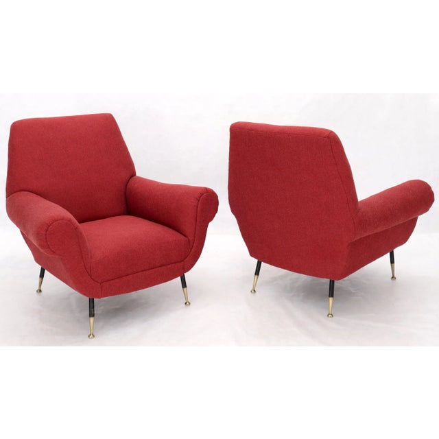 Brass Pair of Red Upholstery Italian Lounge Chairs Brass Feet For Sale - Image 8 of 13