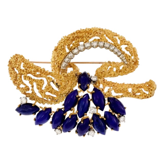 18k Yellow Gold Diamond Lapis Fancy Floral Brooch For Sale