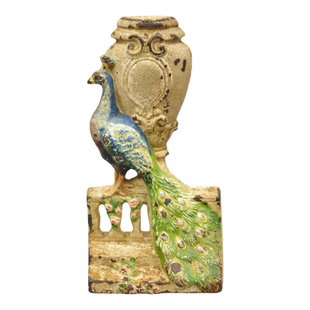 Antique Hubley Art Deco Cast Iron Figural Blue Green Peacock Painted Door Stop For Sale