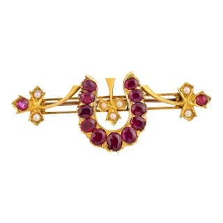 Early 20th Century Victorian 2.00 Carat Ruby Seed Pearl 14k Yellow Gold Brooch For Sale