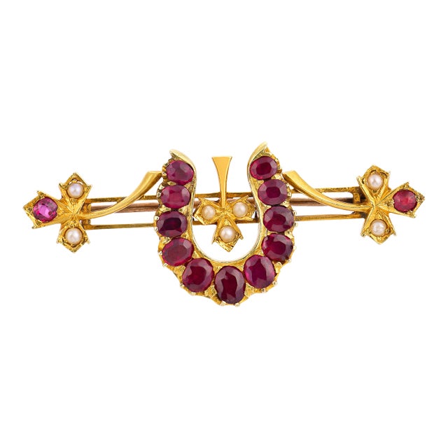 Early 20th Century Victorian 2.00 Carat Ruby Seed Pearl 14k Yellow Gold Brooch For Sale