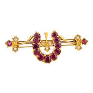 Early 20th Century Victorian 2.00 Carat Ruby Seed Pearl 14k Yellow Gold Brooch