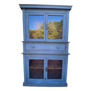Antique 19th Century European Pine Step-Back Cabinet With Original Hand Painted Blue Finish For Sale