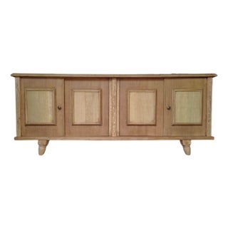 1940s Natural Tiger Oak Sideboard Console With Elegant Carved Detailing and Turned Bun Feet For Sale