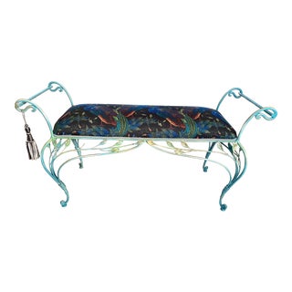Iron Boudoir Bench With Velvet Peacock Fabric For Sale