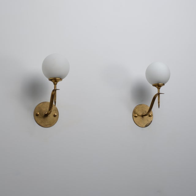 Italian Brass and Opaline Glass Globe Wall Sconces, 1950s, Set of 2 For Sale - Image 4 of 11