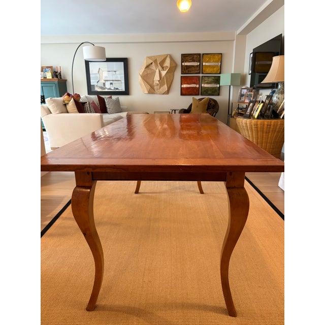 Textile French Vintage Reproduction Hand Finished Waxed Wood Dining Table With 4 Sheaf Back Rush-Seat Chairs For Sale - Image 7 of 12