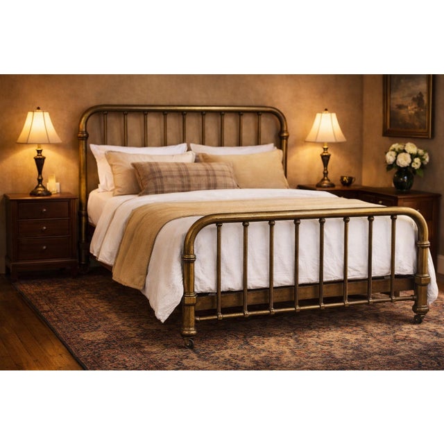 This vintage solid brass bed has been very well cared for and retains a beautiful, original patina developed naturally...