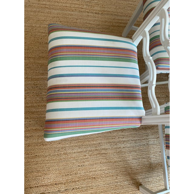 Set of 6 Vintage Painted Mahogany Chippendale Ribbon Back Dining Chairs With New Perennials Striped Fabric For Sale - Image 4 of 14