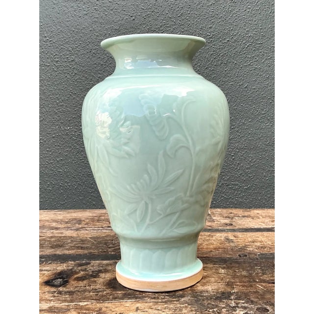 Traditional Vintage Celadon Floral Relief Ceramic Vase For Sale - Image 3 of 12